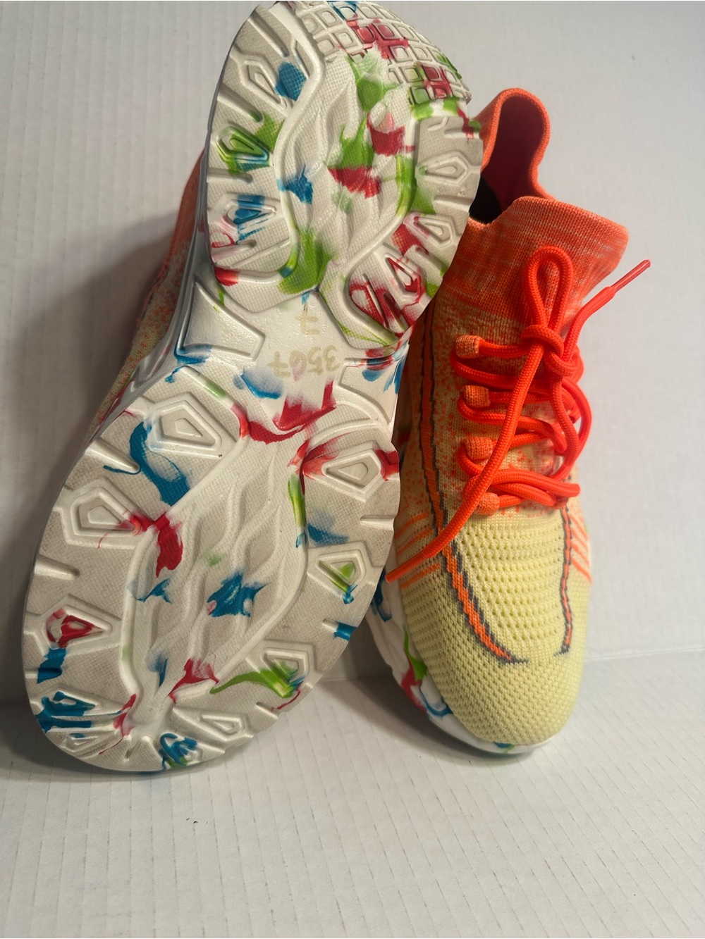 Neon Orange and Lemon Knit Women's Athletic Sneakers - Picture 3 of 13